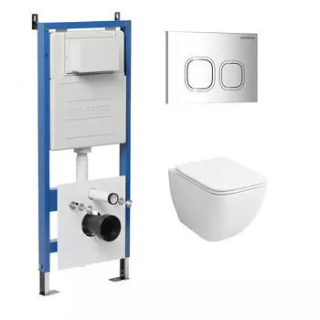 Комплект Унитаз подвесной с инсталляцией Grossman Cosmo 97.4447S.02.100 безободковый, белый+ Кнопка смыва хром глянцевый