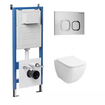 Комплект Унитаз подвесной с инсталляцией Grossman Cosmo 97.4447S.02.110 безободковый, белый+ Кнопка смыва хром матовый