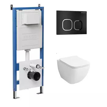 Комплект Унитаз подвесной с инсталляцией Grossman Cosmo 97.4447S.02.210 безободковый, белый+ Кнопка смыва черная матовая