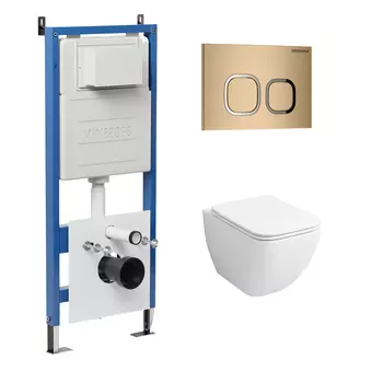 Комплект Унитаз подвесной с инсталляцией Grossman Cosmo 97.4447S.02.310 безободковый, белый+ Кнопка смыва золото матовое