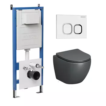 Комплект Унитаз подвесной с инсталляцией Grossman Cosmo 97.4455GMS.02.000 безободковый, серый матовый+ Кнопка смыва белая