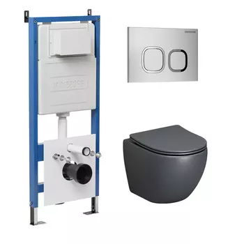 Комплект Унитаз подвесной с инсталляцией Grossman Cosmo 97.4455GMS.02.110 безободковый, серый матовый+ Кнопка смыва хром матовый