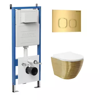 Комплект Унитаз подвесной с инсталляцией Grossman Cosmo 97.4455GWS.02.300 безободковый, золото+ Кнопка смыва золото глянцевое