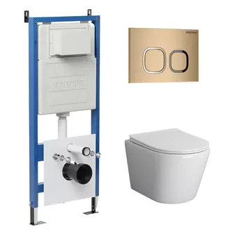 Комплект Унитаз подвесной с инсталляцией Grossman Cosmo 97.4478S.02.310 безободковый, белый + Кнопка смыва золото матовое