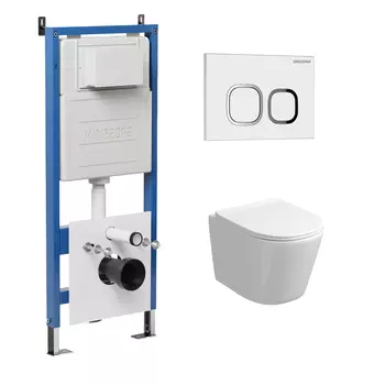 Комплект Унитаз подвесной с инсталляцией Grossman Cosmo 97.4477S.02.000 безободковый, белый+ Кнопка смыва белая