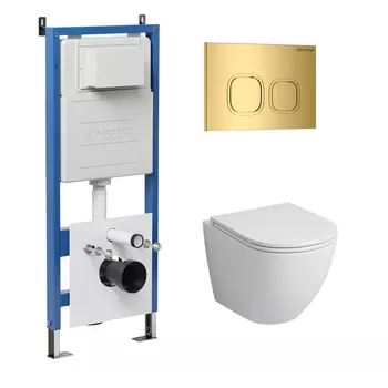 Комплект Унитаз подвесной с инсталляцией Grossman Cosmo 97.4455S.02.300 безободковый, белый + Кнопка смыва золото глянцевое