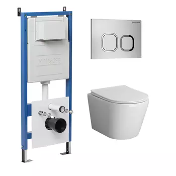 Комплект Унитаз подвесной с инсталляцией Grossman Cosmo 97.4478BMS.02.110 безободковый, черный матовый + Кнопка смыва хром матовый