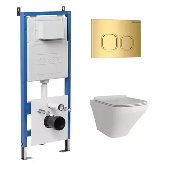 Комплект Унитаз подвесной с инсталляцией Grossman Cosmo 97.4440S.02.300 безободковый, белый + Кнопка смыва золото глянцевое