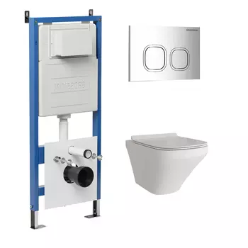 Комплект Унитаз подвесной с инсталляцией Grossman Cosmo 97.4440S.02.100 безободковый, белый + Кнопка смыва хром глянцевый