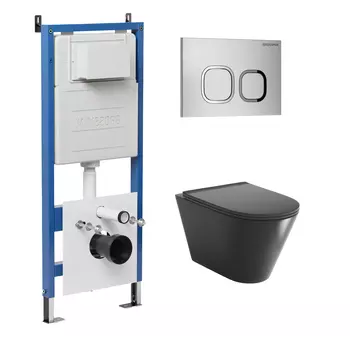 Комплект Унитаз подвесной с инсталляцией Grossman Cosmo 97.4477BMSQ.02.110 безободковый, черный матовый + Кнопка смыва хром матовый