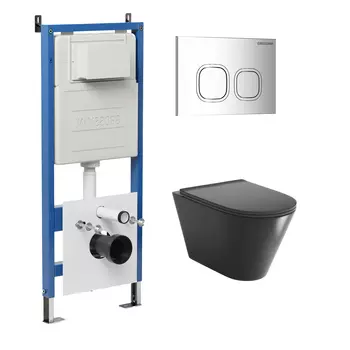 Комплект Унитаз подвесной с инсталляцией Grossman Cosmo 97.4477BMSQ.02.100 безободковый, черный матовый + Кнопка смыва хром глянцевый