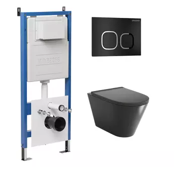 Комплект Унитаз подвесной с инсталляцией Grossman Cosmo 97.4477BMSQ.02.210 безободковый, черный матовый + Кнопка смыва черная матовая