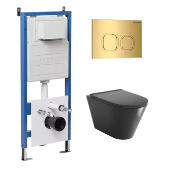 Комплект Унитаз подвесной с инсталляцией Grossman Cosmo 97.4477BMSQ.02.300 безободковый, черный матовый + Кнопка смыва золото глянцевое