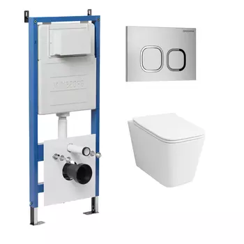 Комплект Унитаз подвесной с инсталляцией Grossman Cosmo 97.4441S.02.110 безободковый, белый + Кнопка смыва хром матовый