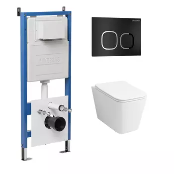 Комплект Унитаз подвесной с инсталляцией Grossman Cosmo 97.4441S.02.210 безободковый, белый + Кнопка смыва черная матовая