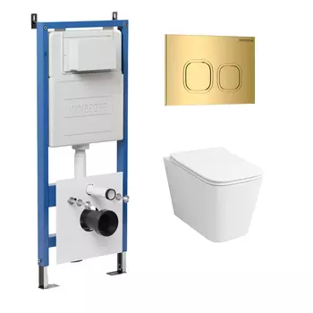 Комплект Унитаз подвесной с инсталляцией Grossman Cosmo 97.4441S.02.300 безободковый, белый + Кнопка смыва золото глянцевое