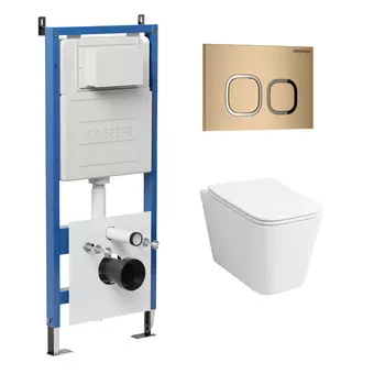 Комплект Унитаз подвесной с инсталляцией Grossman Cosmo 97.4441S.02.310 безободковый, белый + Кнопка смыва золото матовое