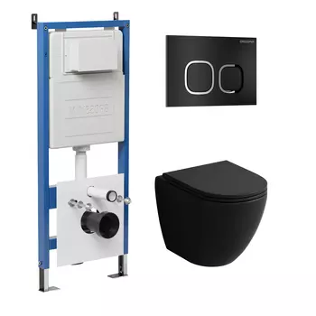 Комплект Унитаз подвесной с инсталляцией Grossman Cosmo 97.4455BMSQ.02.210 безободковый, черный матовый+ Кнопка смыва черная матовая