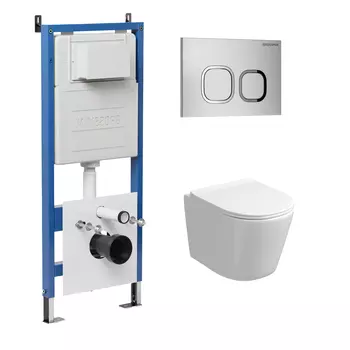 Комплект Унитаз подвесной с инсталляцией Grossman Cosmo 97.4477S.02.110 безободковый, белый+ Кнопка смыва хром матовый