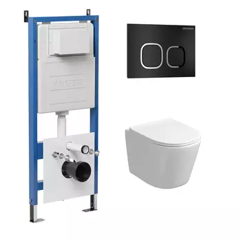 Комплект Унитаз подвесной с инсталляцией Grossman Cosmo 97.4477S.02.210 безободковый, белый+ Кнопка смыва черная матовая