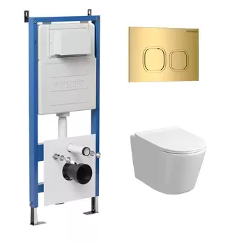 Комплект Унитаз подвесной с инсталляцией Grossman Cosmo 97.4477S.02.300 безободковый, белый+ Кнопка смыва золото глянцевое