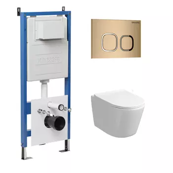 Комплект Унитаз подвесной с инсталляцией Grossman Cosmo 97.4477S.02.310 безободковый, белый+ Кнопка смыва золото матовое