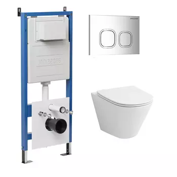 Комплект Унитаз подвесной с инсталляцией Grossman Cosmo 97.4477S.02.100 безободковый, белый+ Кнопка смыва хром глянцевый