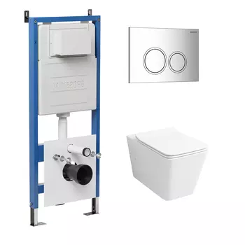 Комплект Унитаз подвесной с инсталляцией Grossman Galaxy 97.4414S.01.100 безободковый, белый + Кнопка смыва хром глянцевый