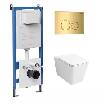 Комплект Унитаз подвесной с инсталляцией Grossman Galaxy 97.4414S.01.300 безободковый, белый + Кнопка смыва золото глянцевое