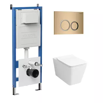 Комплект Унитаз подвесной с инсталляцией Grossman Galaxy 97.4414S.01.310 безободковый, белый + Кнопка смыва золото матовое