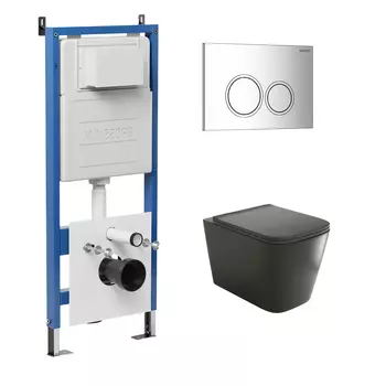 Комплект Унитаз подвесной с инсталляцией Grossman Galaxy 97.4441BMS.01.100 безободковый, черный матовый + Кнопка смыва хром глянцевый