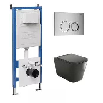 Комплект Унитаз подвесной с инсталляцией Grossman Galaxy 97.4441BMS.01.110 безободковый, черный матовый + Кнопка смыва хром матовый