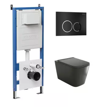 Комплект Унитаз подвесной с инсталляцией Grossman Galaxy 97.4441BMS.01.210 безободковый, черный матовый + Кнопка смыва черная матовая