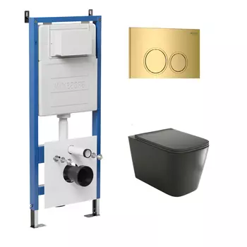 Комплект Унитаз подвесной с инсталляцией Grossman Galaxy 97.4441BMS.01.300 безободковый, черный матовый + Кнопка смыва золото глянцевое