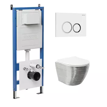 Комплект Унитаз подвесной с инсталляцией Grossman Galaxy 97.4455SWS.01.000 безободковый, серебро+ Кнопка смыва белая