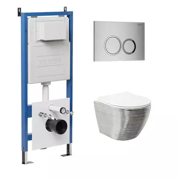 Комплект Унитаз подвесной с инсталляцией Grossman Galaxy 97.4455SWS.01.110 безободковый, серебро+ Кнопка смыва хром матовый