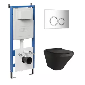 Комплект Унитаз подвесной с инсталляцией Grossman Galaxy 97.4440BMS.01.100 безободковый, черный матовый+ Кнопка смыва хром глянцевый