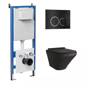 Комплект Унитаз подвесной с инсталляцией Grossman Galaxy 97.4440BMS.01.210 безободковый, черный матовый+ Кнопка смыва черная матовая