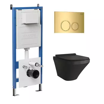 Комплект Унитаз подвесной с инсталляцией Grossman Galaxy 97.4440BMS.01.300 безободковый, черный матовый+ Кнопка смыва золото глянцевое