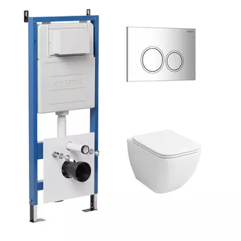 Комплект Унитаз подвесной с инсталляцией Grossman Galaxy 97.4447S.01.100 безободковый, белый+ Кнопка смыва хром глянцевый