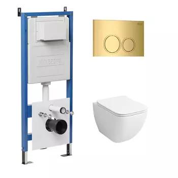 Комплект Унитаз подвесной с инсталляцией Grossman Galaxy 97.4447S.01.300 безободковый, белый+ Кнопка смыва золото глянцевое