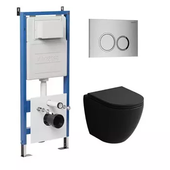 Комплект Унитаз подвесной с инсталляцией Grossman Galaxy 97.4455BMSQ.01.110 безободковый, черный матовый+ Кнопка смыва хром матовый