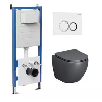 Комплект Унитаз подвесной с инсталляцией Grossman Galaxy 97.4455GMS.01.000 безободковый, серый матовый+ Кнопка смыва белая