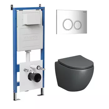 Комплект Унитаз подвесной с инсталляцией Grossman Galaxy 97.4455GMS.01.100 безободковый, серый матовый+ Кнопка смыва хром глянцевый