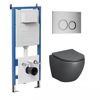 Комплект Унитаз подвесной с инсталляцией Grossman Galaxy 97.4455GMS.01.110 безободковый, серый матовый+ Кнопка смыва хром матовый