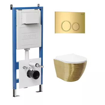 Комплект Унитаз подвесной с инсталляцией Grossman Galaxy 97.4455GWS.01.300 безободковый, золото+ Кнопка смыва золото глянцевое