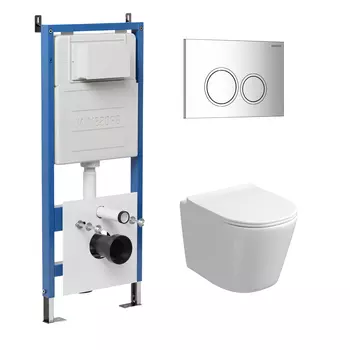 Комплект Унитаз подвесной с инсталляцией Grossman Galaxy 97.4477SQ.01.100 безободковый, белый+ Кнопка смыва хром глянцевый