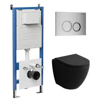 Комплект Унитаз подвесной с инсталляцией Grossman Galaxy 97.4455BMS.01.110 безободковый, черный матовый+ Кнопка смыва хром матовый