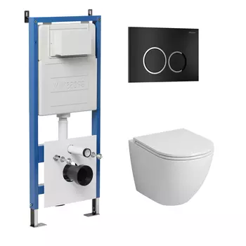 Комплект Унитаз подвесной с инсталляцией Grossman Galaxy 97.4455S.01.210 безободковый, белый + Кнопка смыва черная матовая