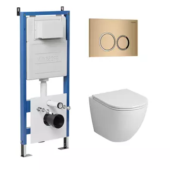 Комплект Унитаз подвесной с инсталляцией Grossman Galaxy 97.4455S.01.310 безободковый, белый + Кнопка смыва золото матовое